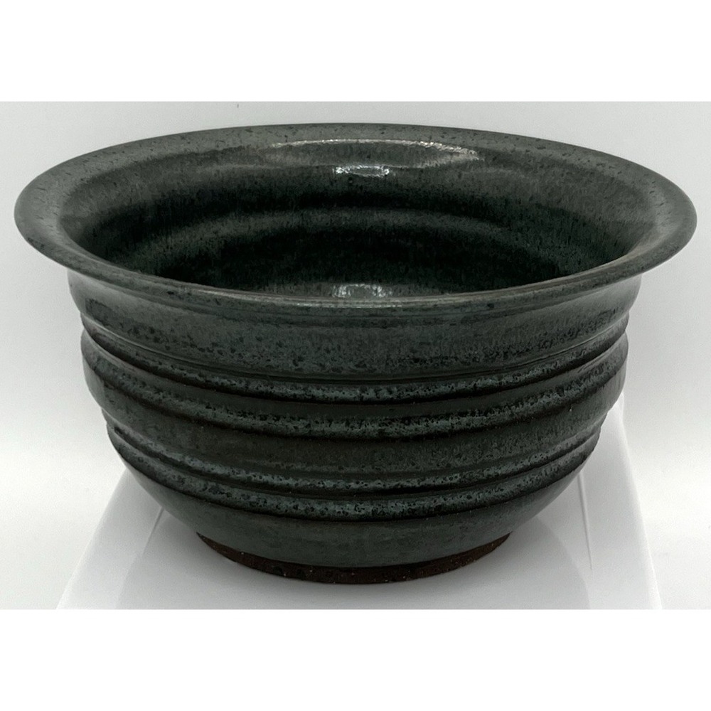 Studio Art Pottery Ribbed Bowl Denim Blue Speckled Glaze Hand Thrown 7" x 3.75"